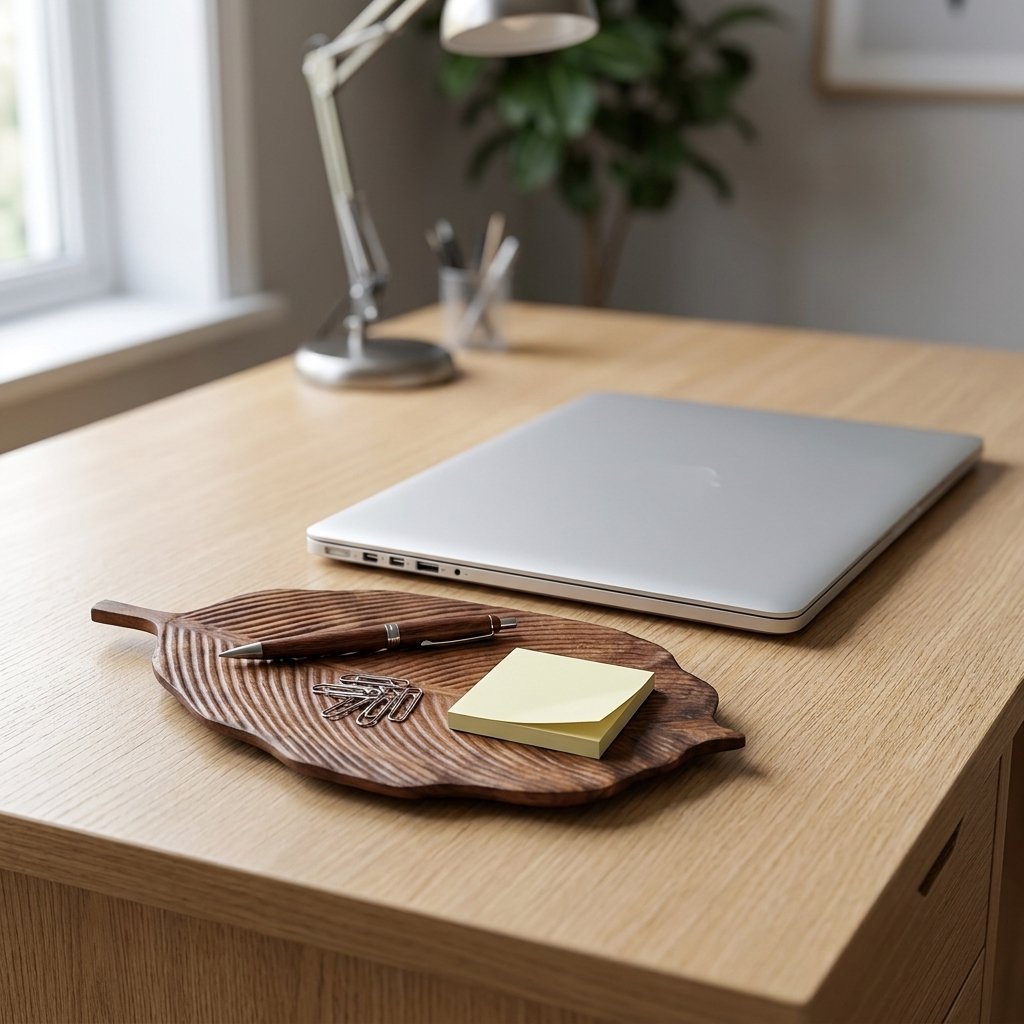Ribbed walnut leaf tray holding a pen, paperclips, and sticky notes beside a laptop on an oak desk