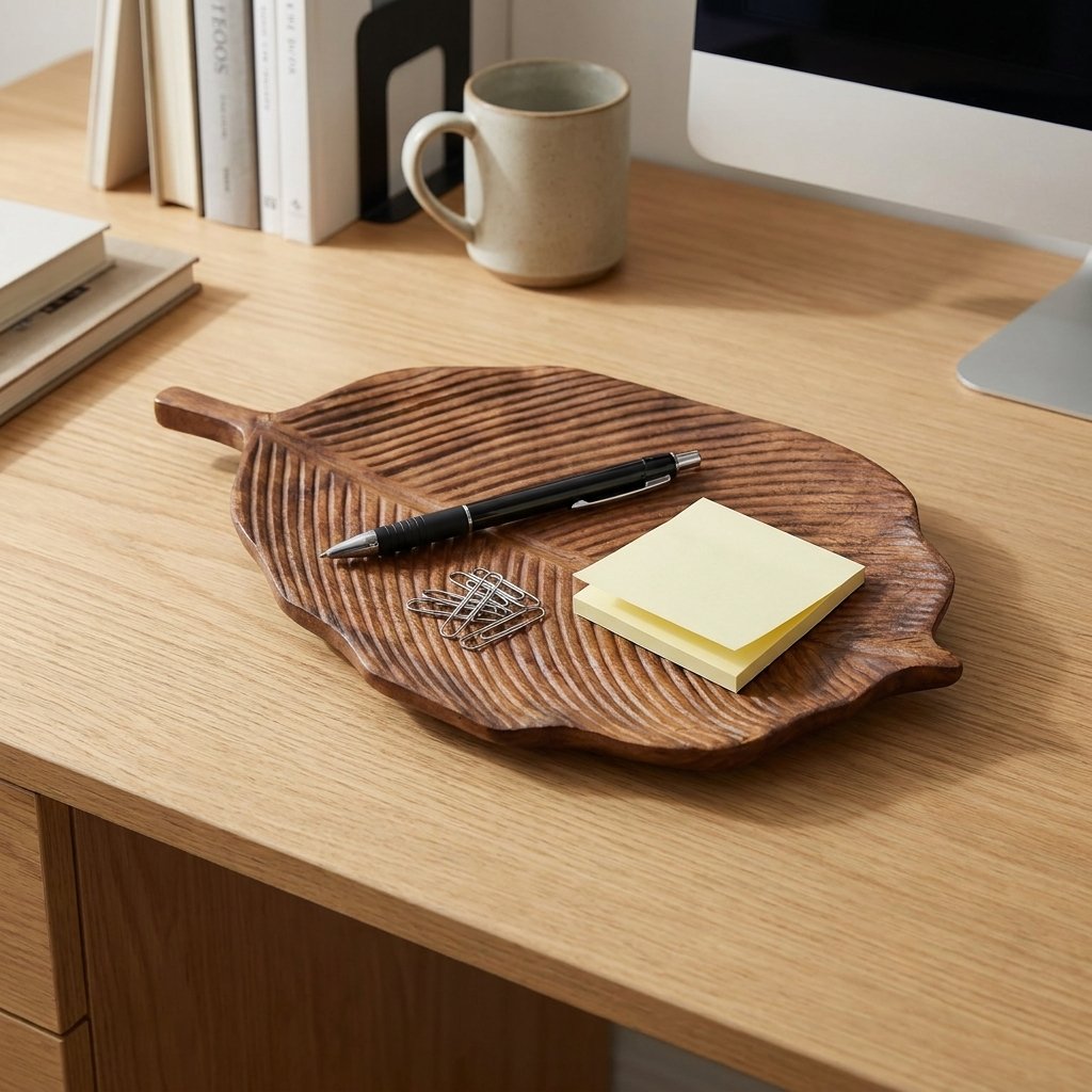Large ribbed walnut leaf tray holding a pen, paperclips, and sticky notes on an oak desk