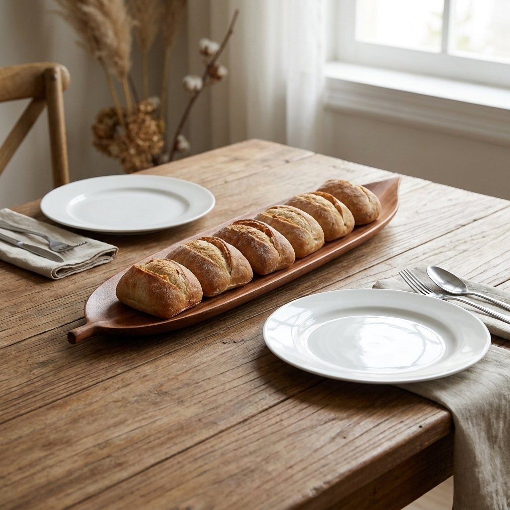 Long narrow walnut leaf tray holding six bread rolls on a rustic dining table set with plates and napkins