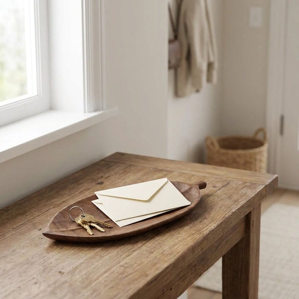 Walnut leaf tray holding brass keys and two envelopes on a rustic entryway table