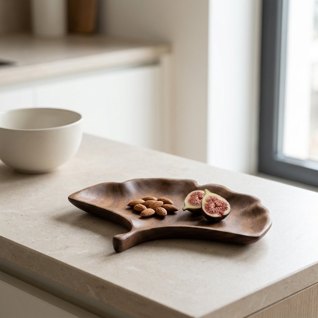 Ginkgo-shaped walnut tray with almonds and fig halves on a stone kitchen counter