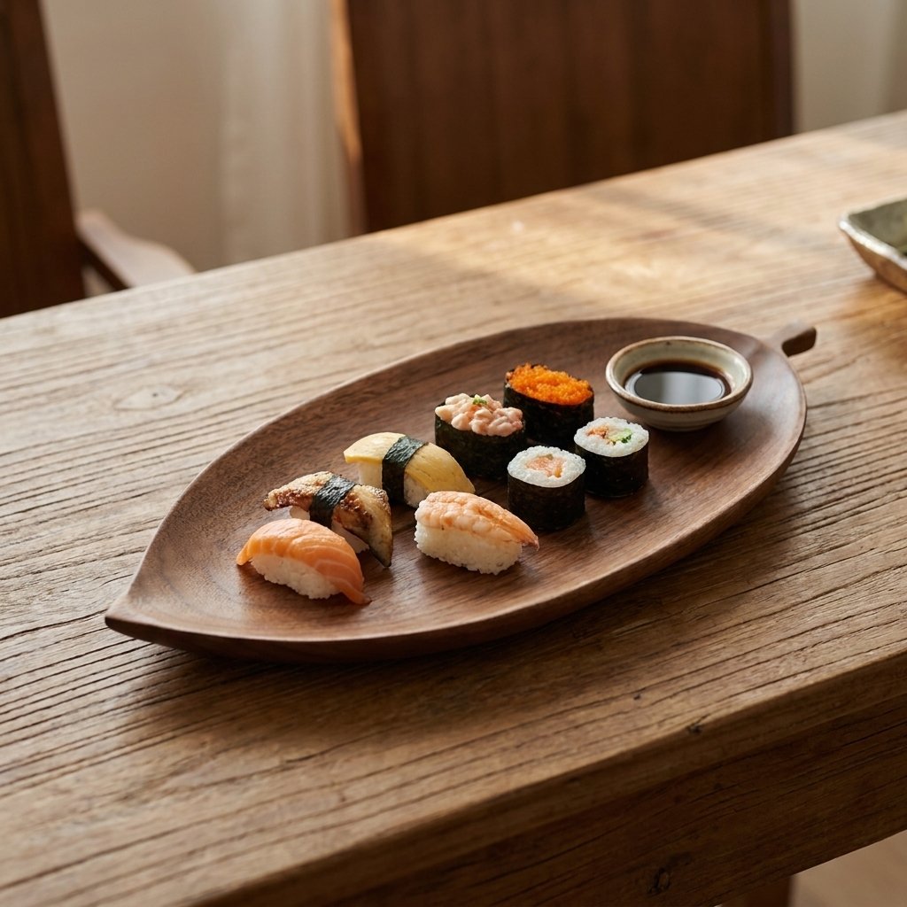 Long walnut leaf tray with sushi pieces and a small soy sauce dish on a rustic wooden table
