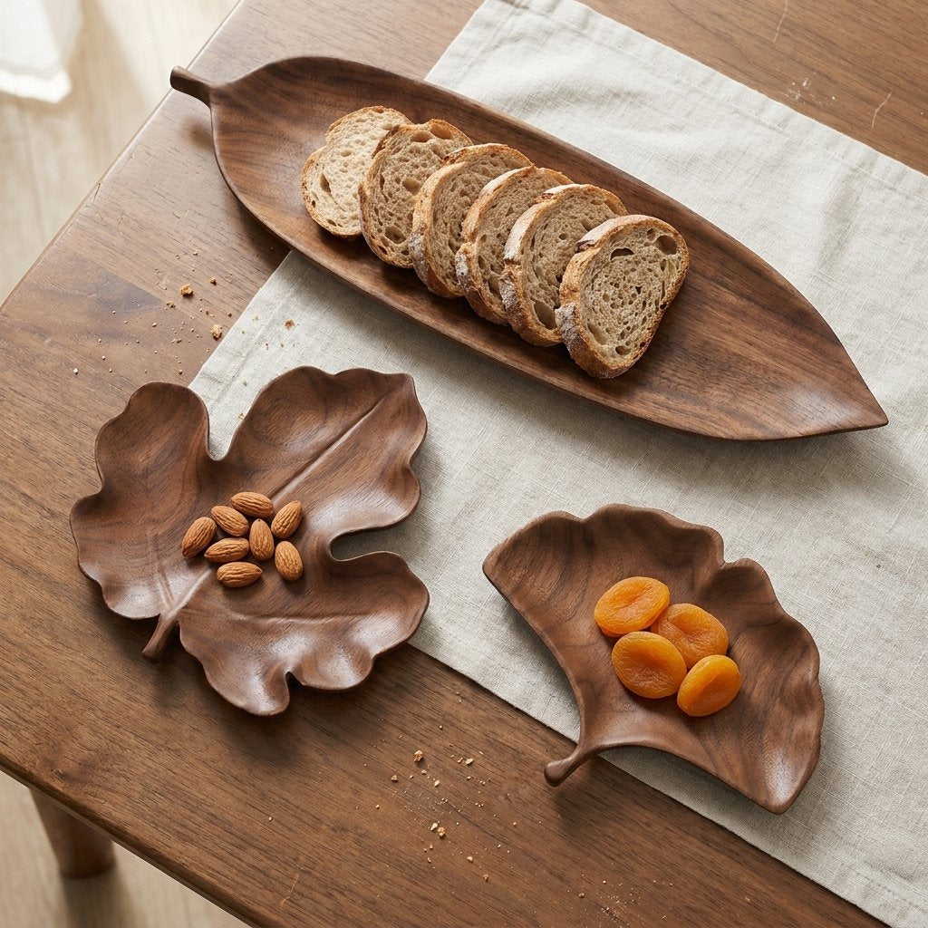 Overhead view of three walnut leaf trays holding bread slices, almonds, and dried apricots on a wooden table