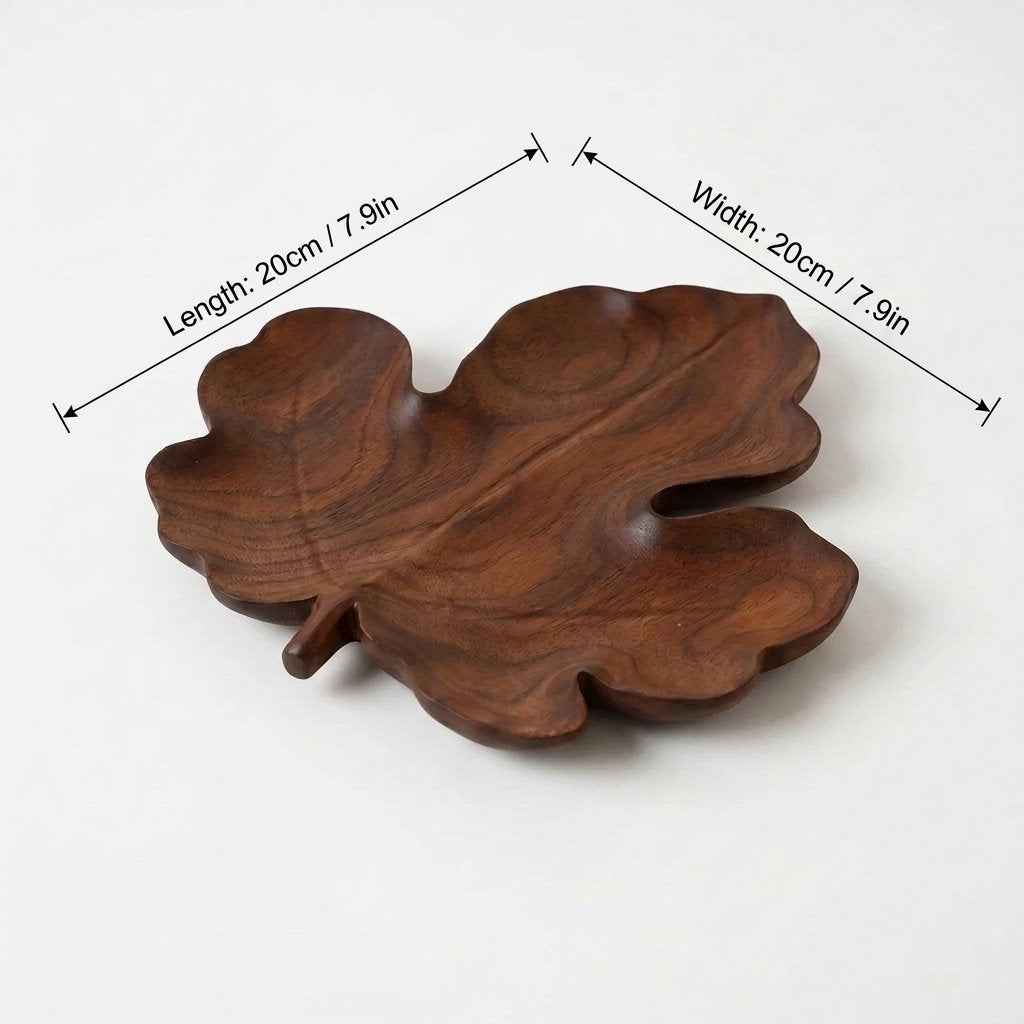 Maple-style walnut leaf tray labeled 20 cm long and 20 cm wide