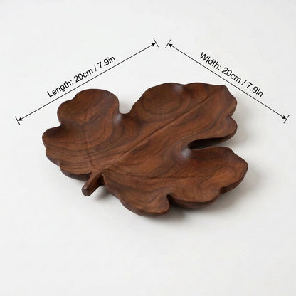 Maple-style walnut leaf tray labeled 20 cm long and 20 cm wide