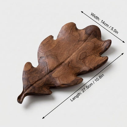 Small runcinate walnut leaf tray labeled 27.5 cm long and 14 cm wide