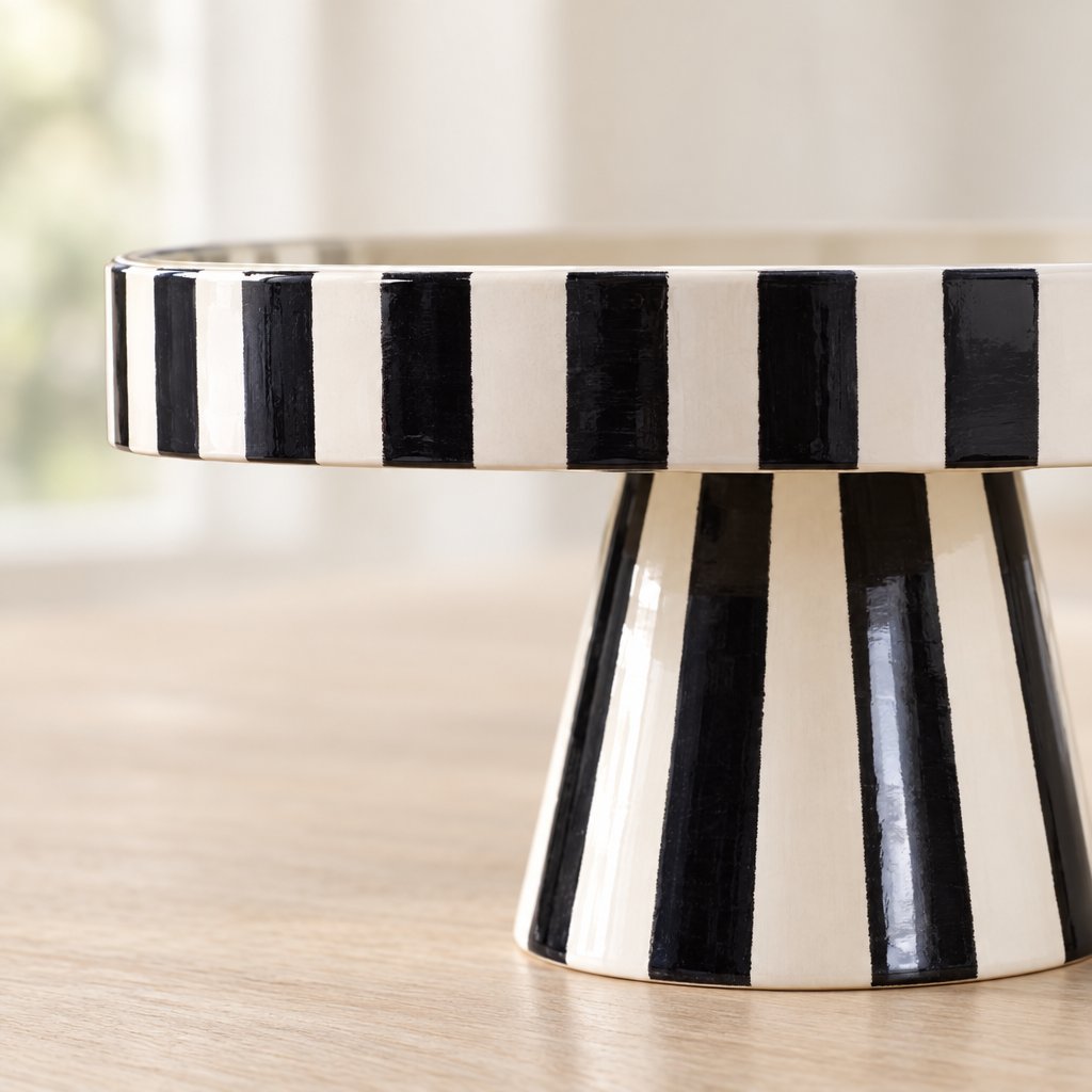 Close-up of the black and white striped rim and pedestal of a tray on a light wood table