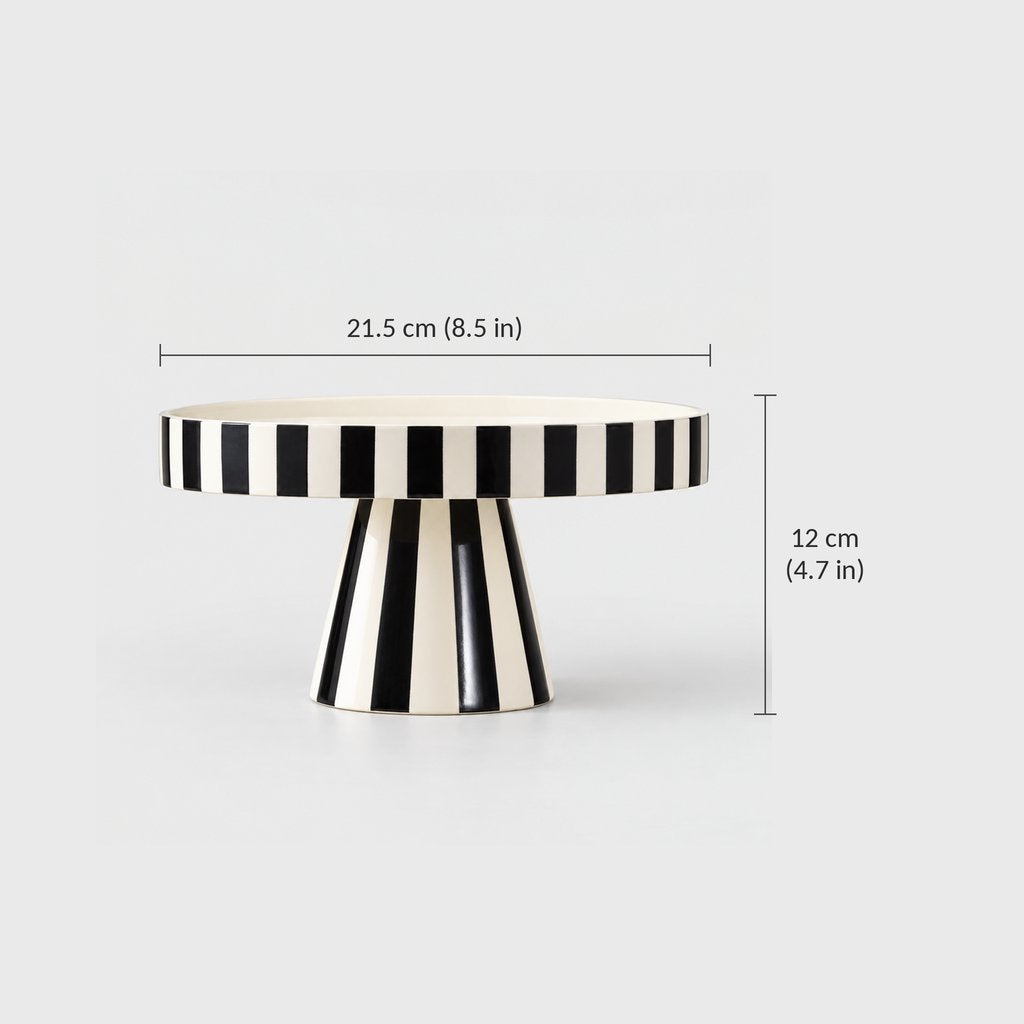 Dimensions graphic of a black and white striped pedestal tray, width 21.5 cm or 8.5 in and height 12 cm or 4.7 in