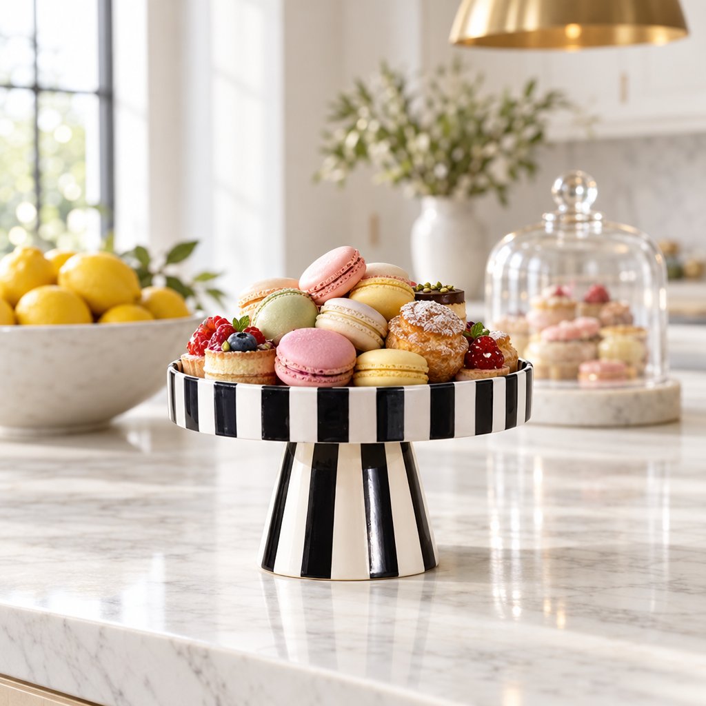 Black and white striped pedestal tray holding a pile of colorful macarons on a marble kitchen counter, with a bowl of lemons and a glass cloche in the background