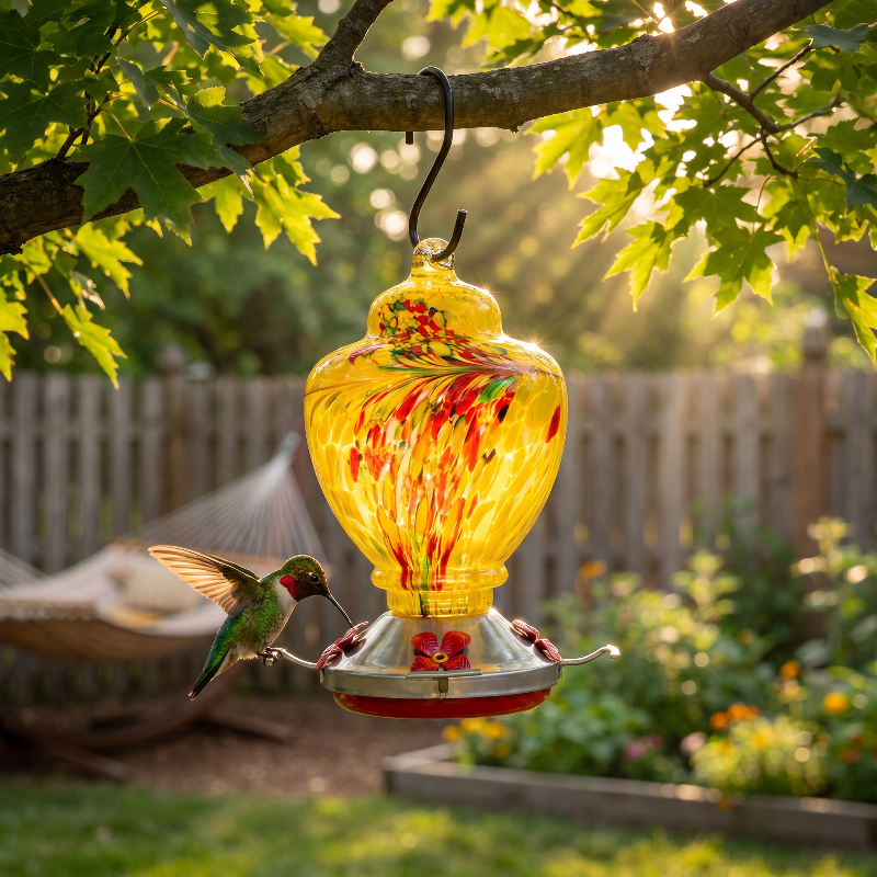 Handblown glass hummingbird feeder hanging above outdoor table in garden