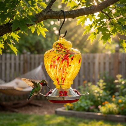 Handblown glass hummingbird feeder hanging above outdoor table in garden