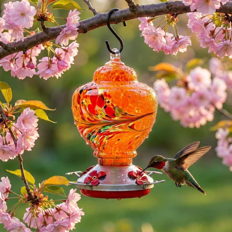 Handblown glass hummingbird feeder hanging from flowering branch with hummingbird