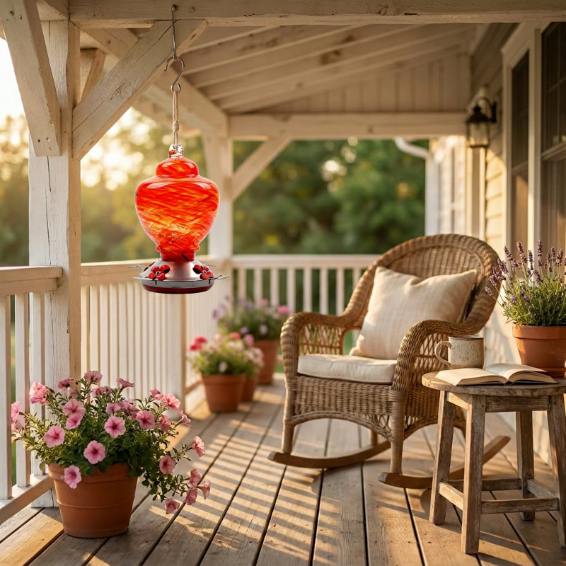 Handblown glass hummingbird feeder hanging on covered porch