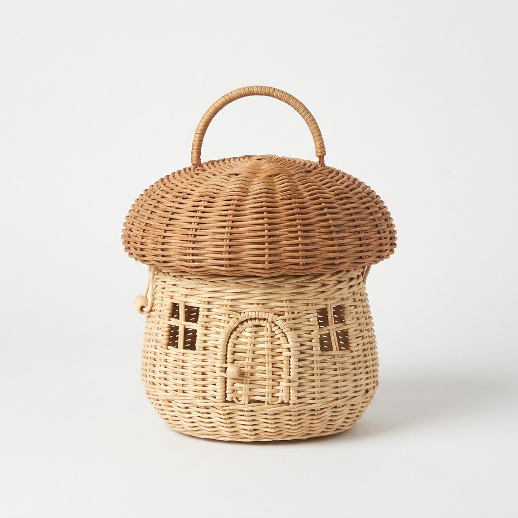 Khaki woven mushroom basket product photo with house-shaped door and windows