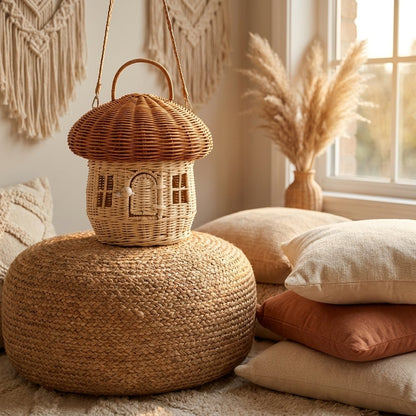 Khaki mushroom basket displayed above a jute pouf with boho pillows