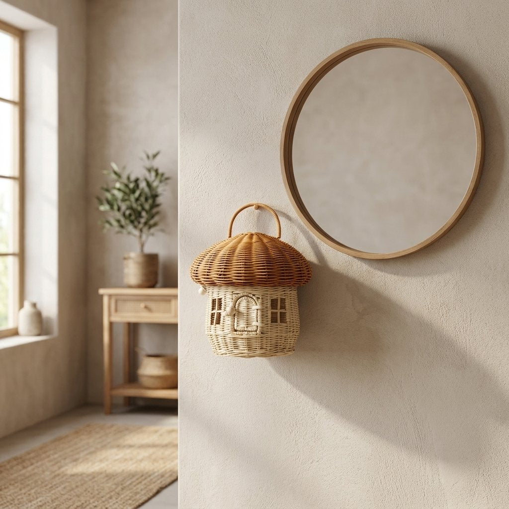 Khaki mushroom basket hanging in an entryway beside a round mirror