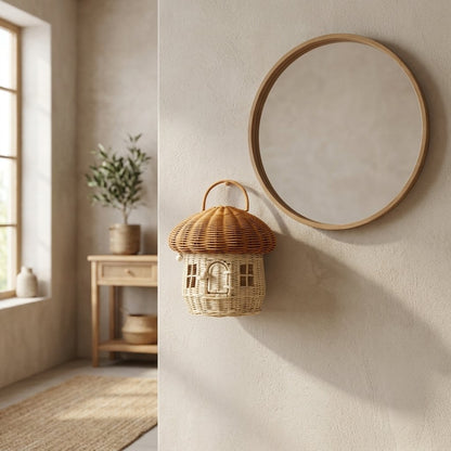 Khaki mushroom basket hanging in an entryway beside a round mirror