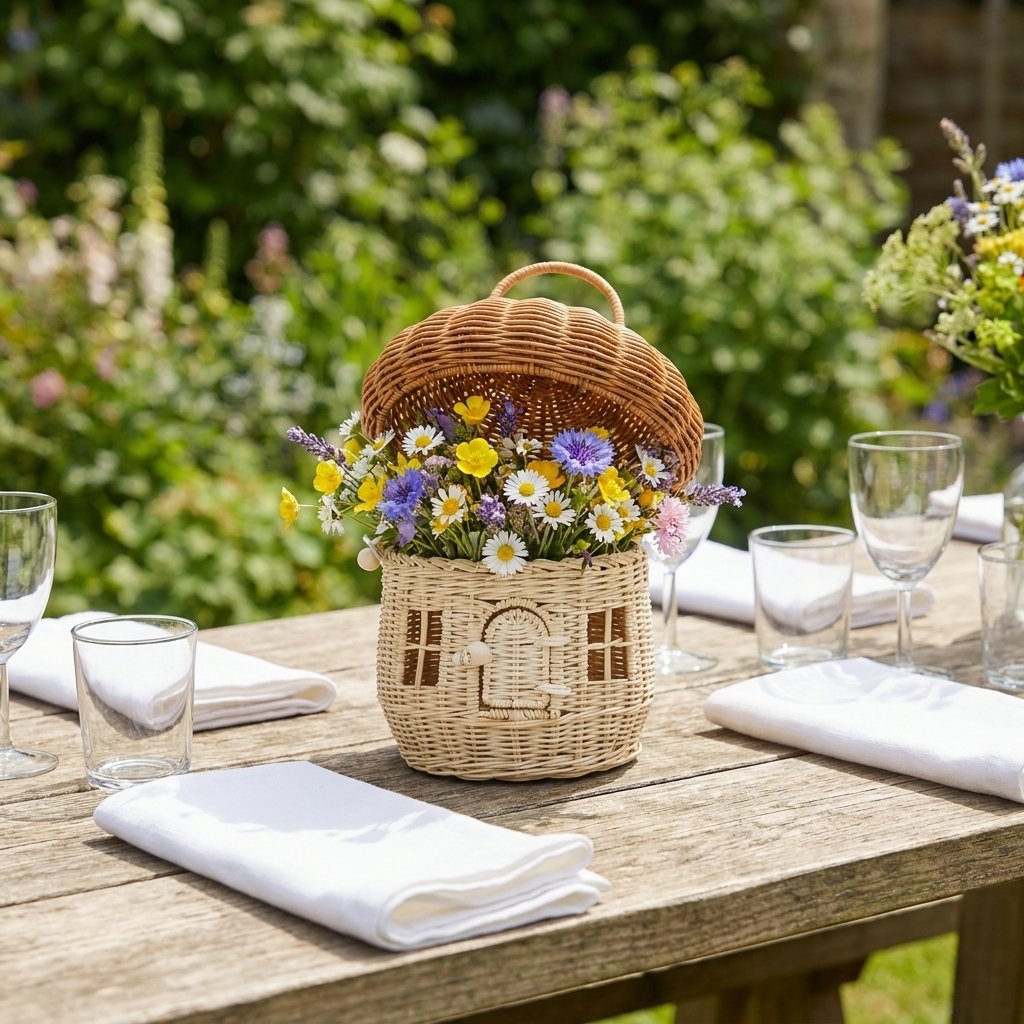 Khaki mushroom basket filled with wildflowers on an outdoor table setting