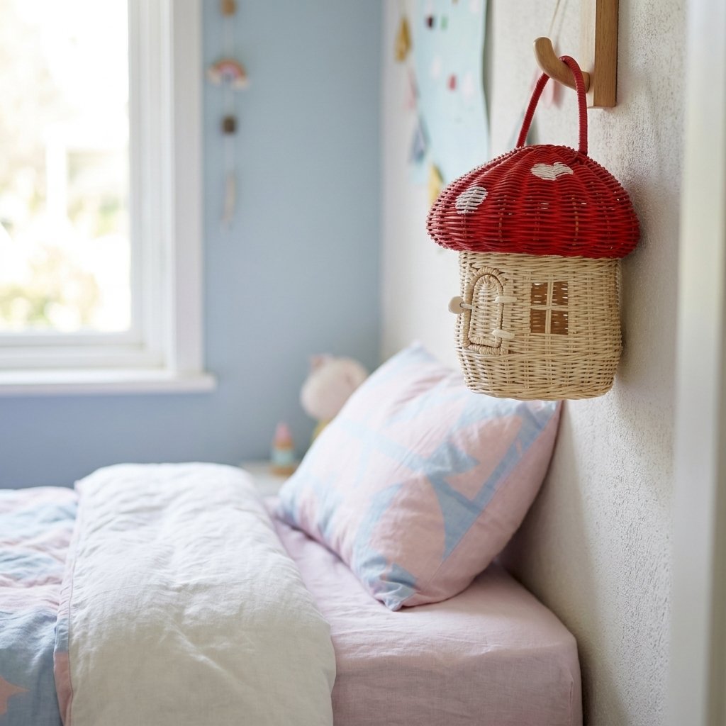 Red mushroom basket with white spots hanging in a kids' bedroom