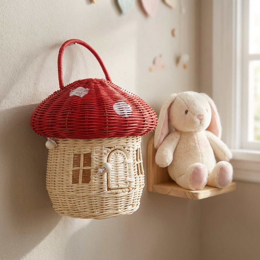 Red mushroom basket on a wall hook beside a plush bunny in a nursery