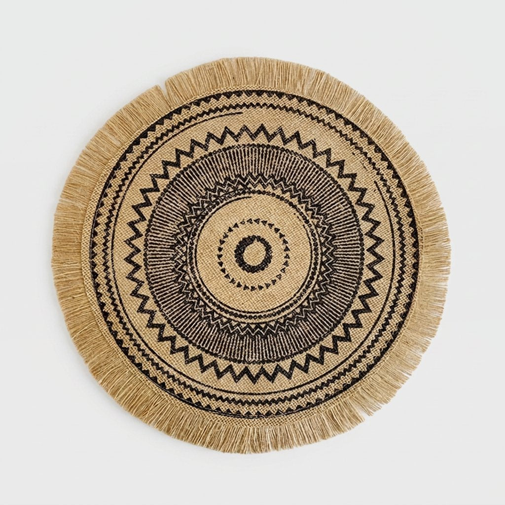 Round handwoven jute placemat with black concentric zigzag geometric rings and jute fringe edge on a light grey background