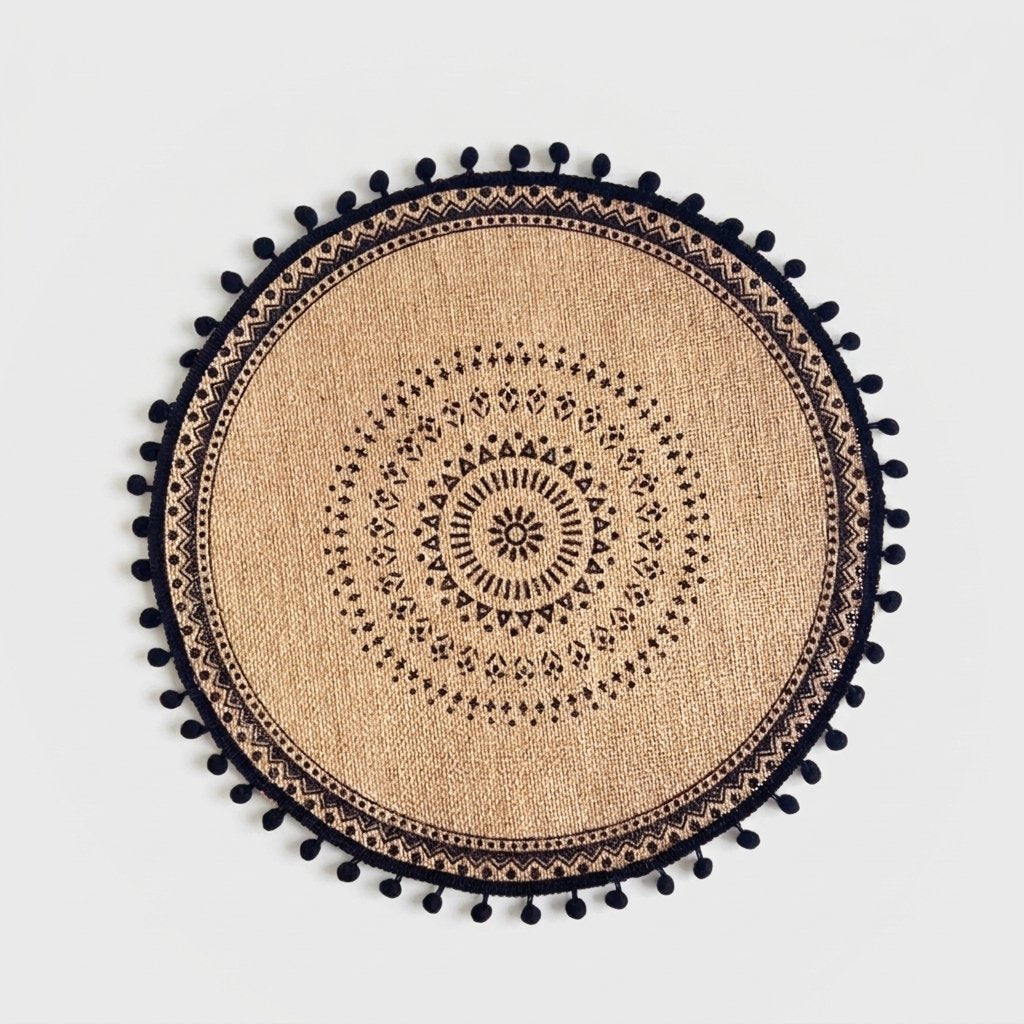 Round handwoven jute placemat with a black dotted mandala pattern and black pompom trim on a light grey background