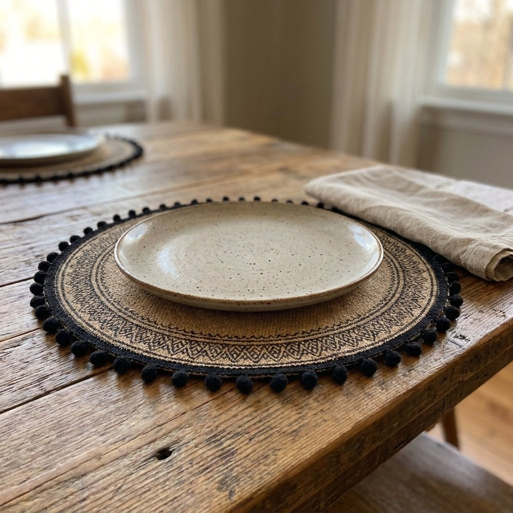 Round black pompom trim jute placemat under a speckled plate with a linen napkin on a rustic wood table with a second place setting behind