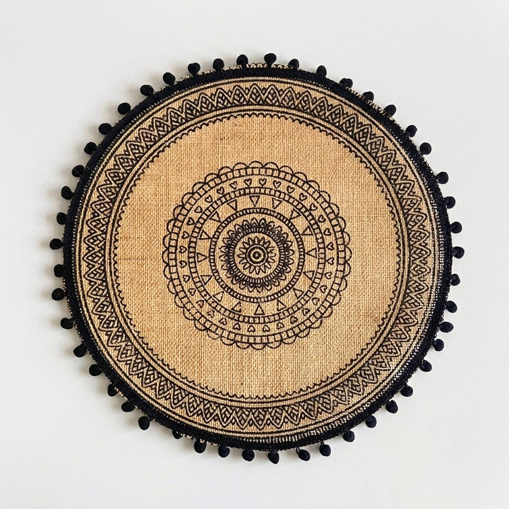 Round handwoven jute placemat with a black mandala pattern and black pompom trim on a light grey background
