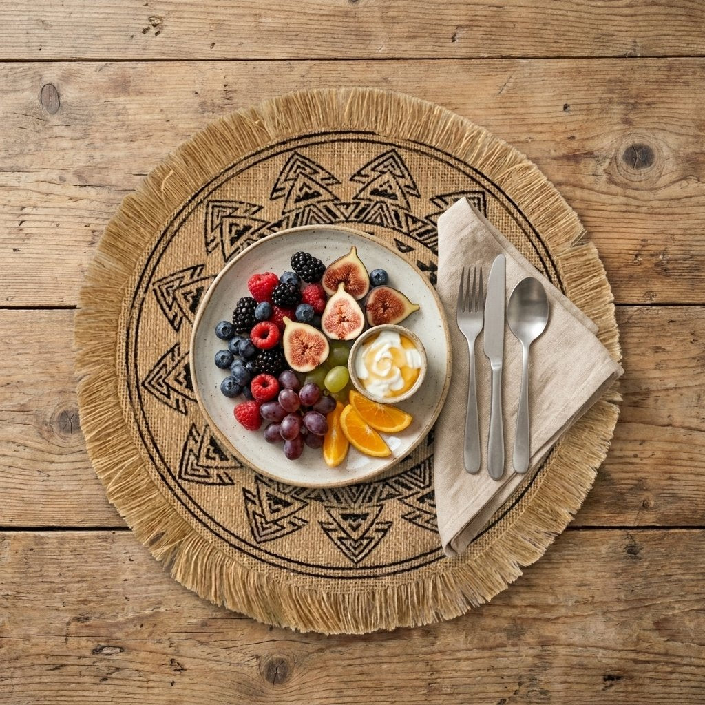 Overhead view of a round black triangle pattern jute placemat with fringe under a fruit plate, napkin and cutlery on weathered wood