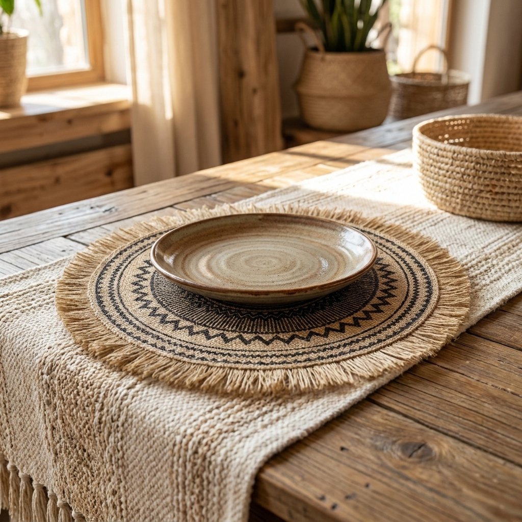Round black zigzag pattern jute placemat with fringe under a stoneware plate on a cream woven table runner on a rustic wood table with a woven basket behind