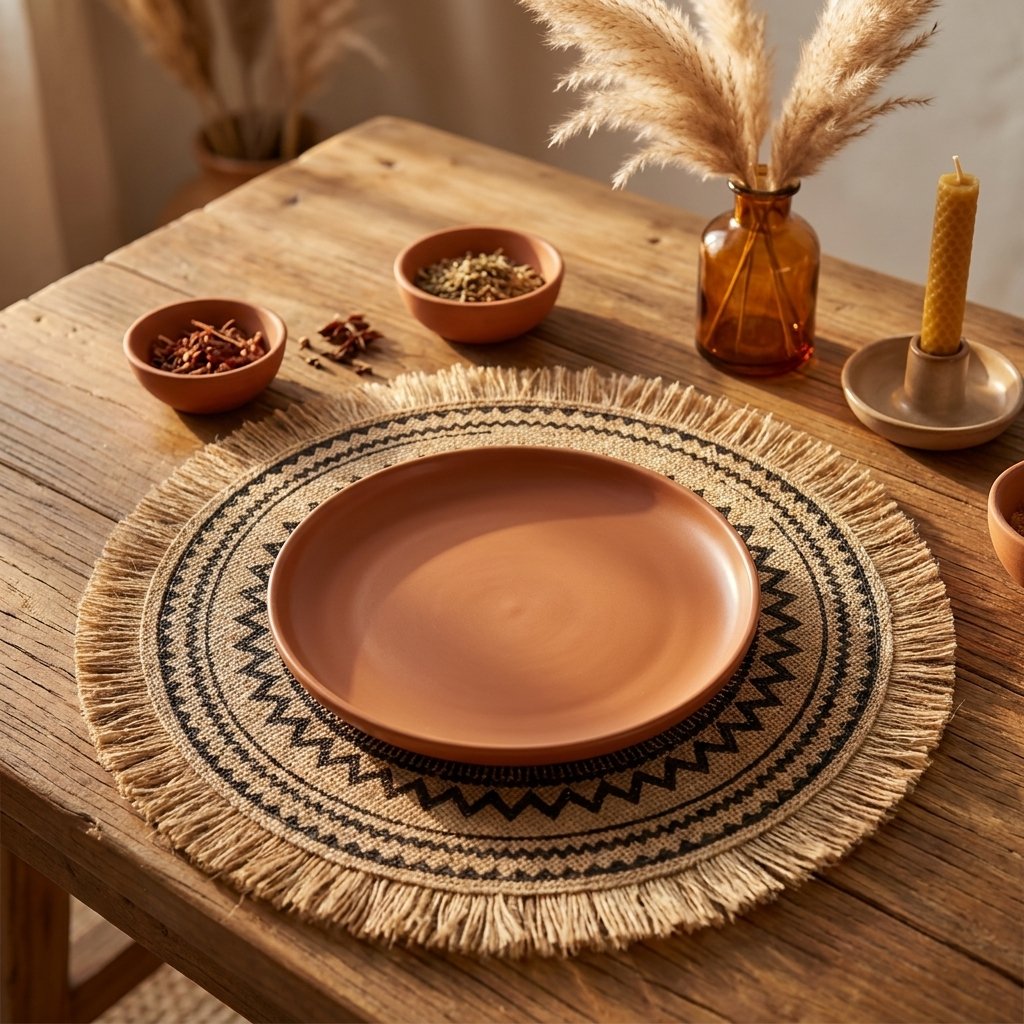 Round black zigzag pattern jute placemat with fringe under a terracotta plate on a wood table with small spice bowls, pampas grass in an amber glass vase and a beeswax candle
