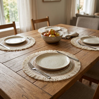 Four round cream fringe jute placemats set with speckled plates and cutlery on an oak dining table around a bowl of apples