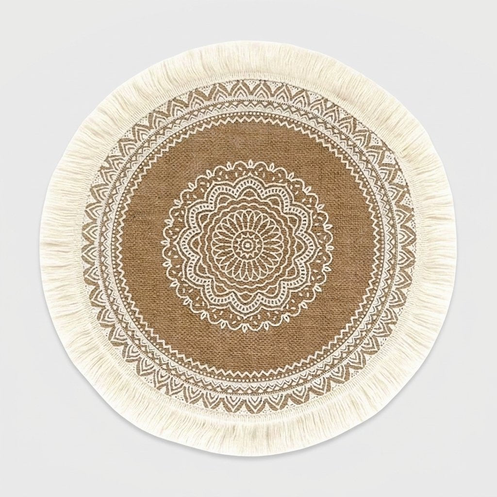 Round handwoven jute placemat with cream cotton fringe and a white mandala pattern on a light grey background