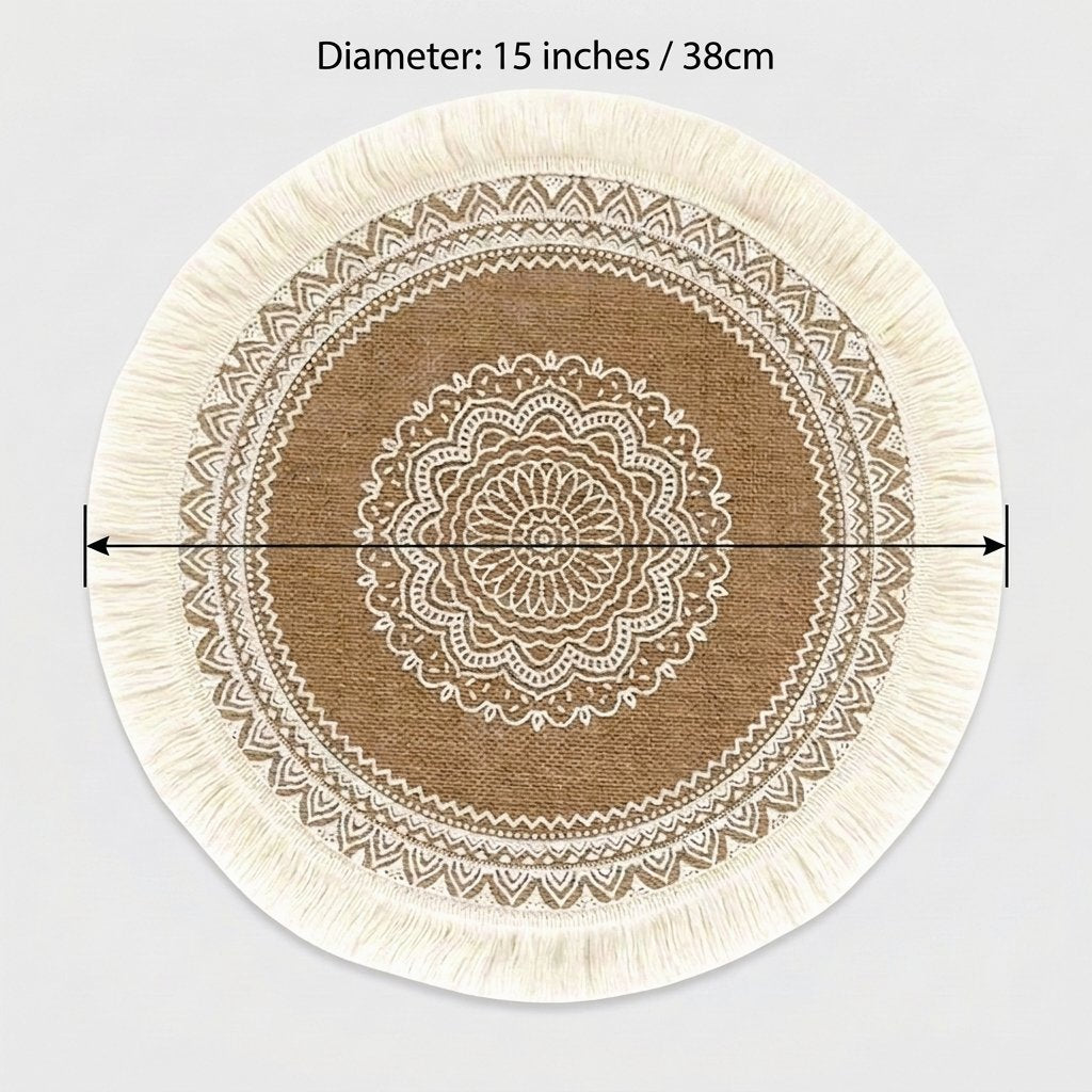 Round cream fringe handwoven jute placemat on a light grey background with the diameter labeled 15 inches or 38 cm including the fringe