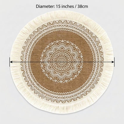 Round cream fringe handwoven jute placemat on a light grey background with the diameter labeled 15 inches or 38 cm including the fringe