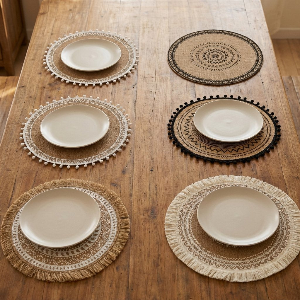 Overhead view of six round handwoven jute placemats in different designs on a wood table, five set with plates and one empty