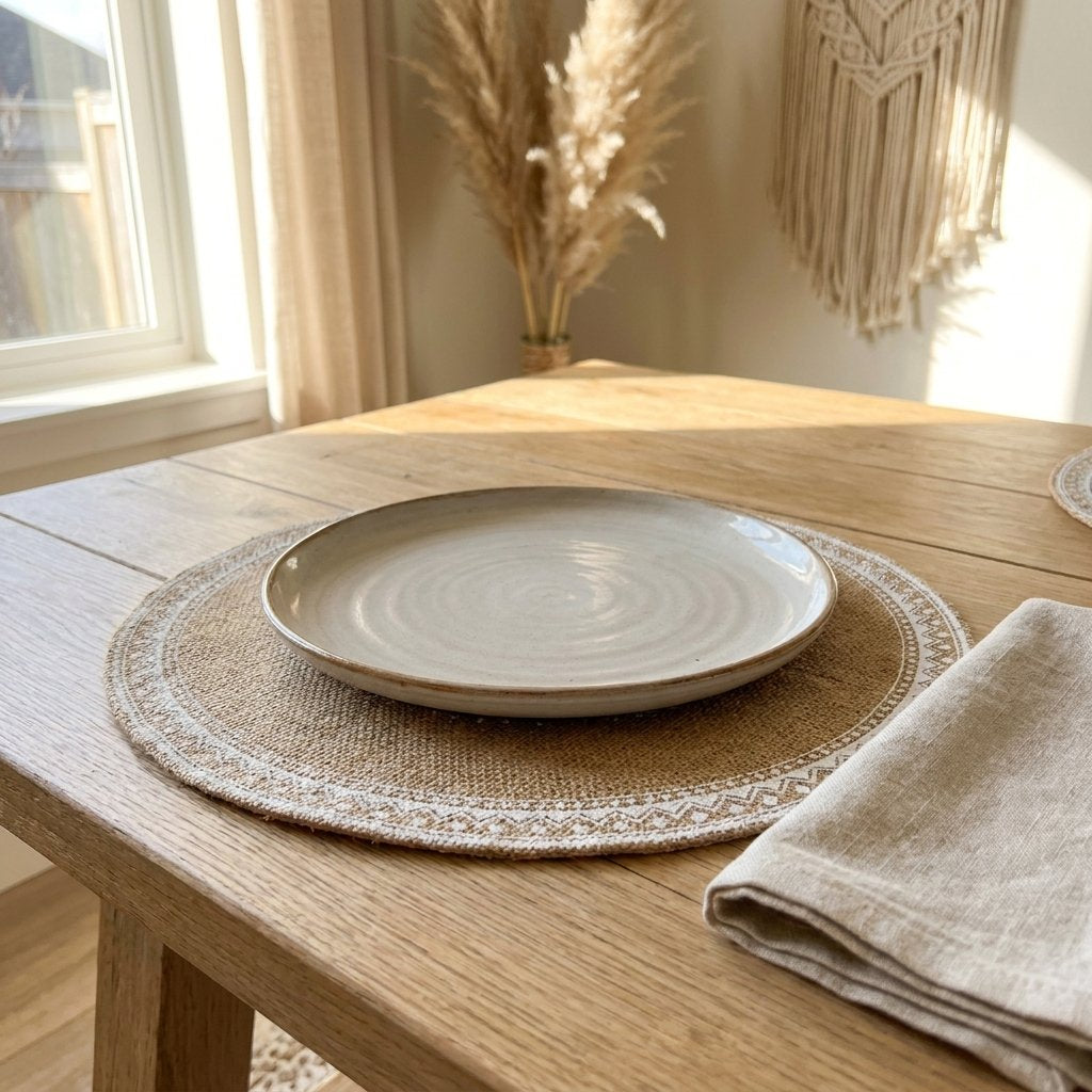Round jute placemat with a pale lace trim edge under a speckled plate with a linen napkin on an oak table beside pampas grass and a macrame wall hanging
