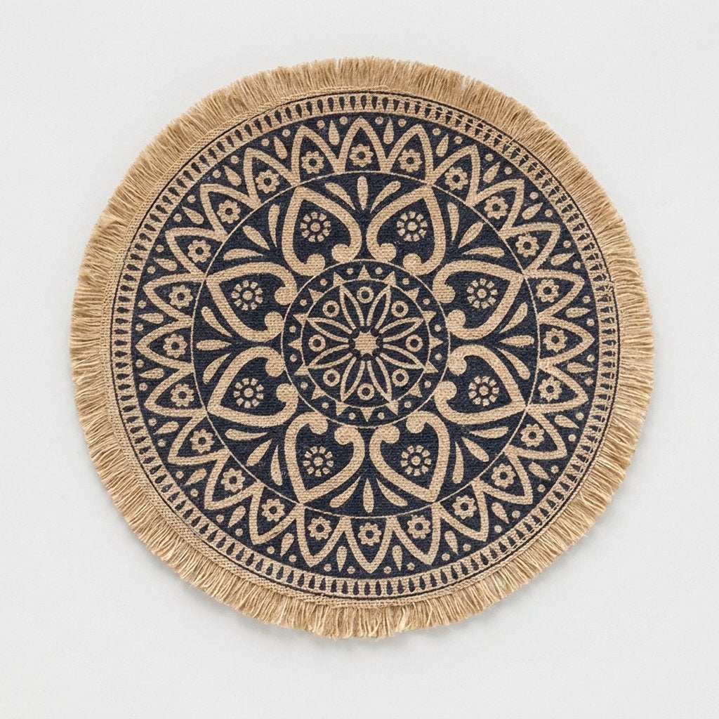 Round handwoven jute placemat with a navy floral mandala pattern and jute fringe edge on a light grey background
