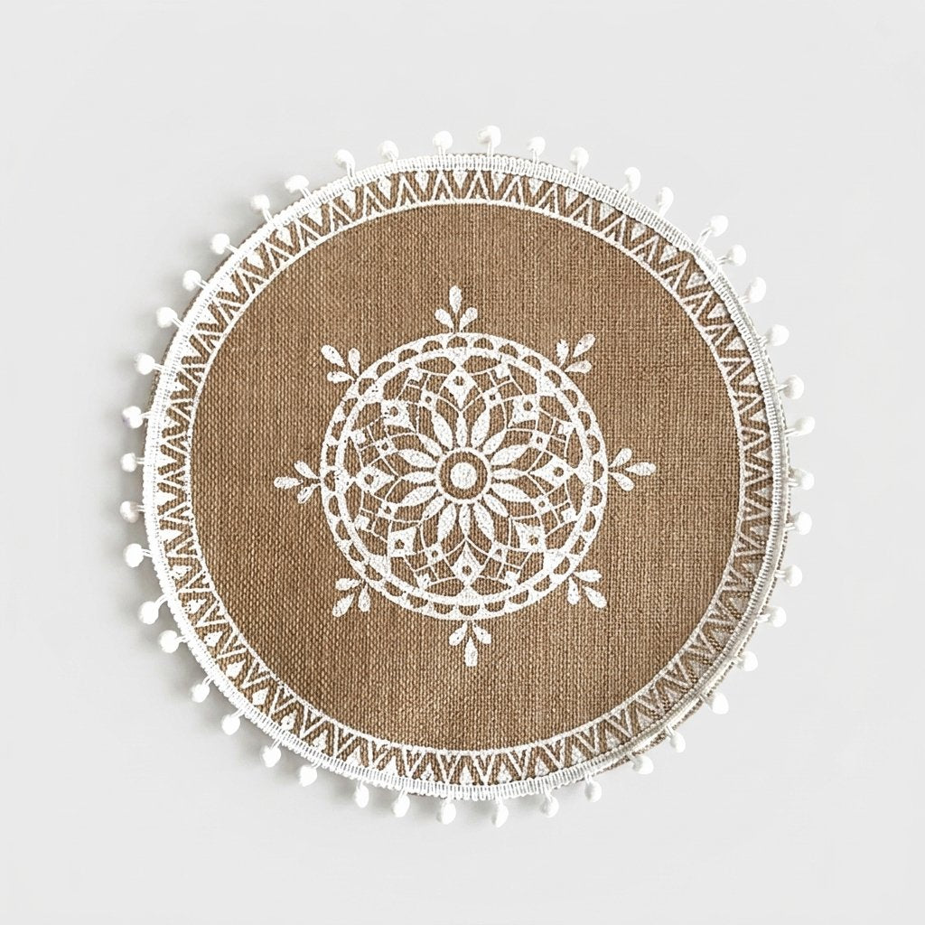 Round handwoven jute placemat with a white flower mandala pattern, zigzag band and white pompom trim on a light grey background