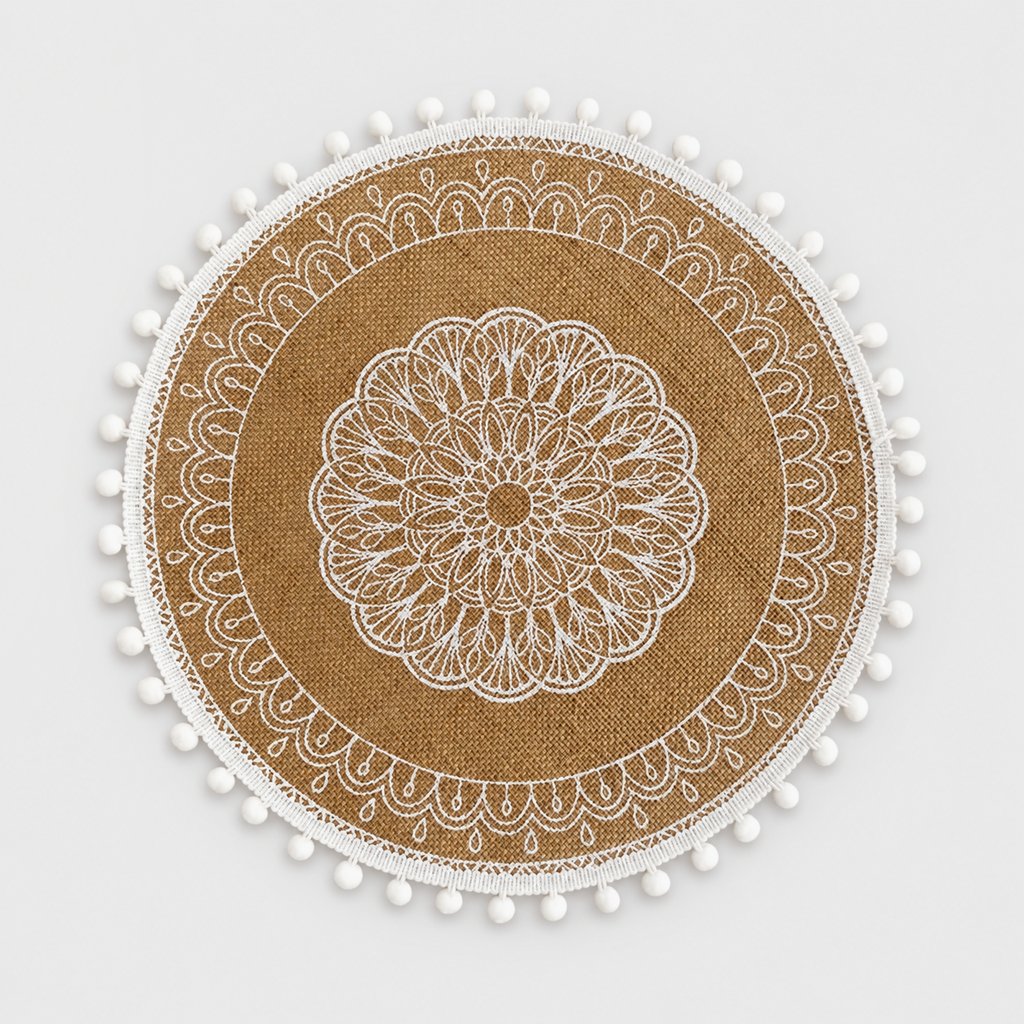 Round handwoven jute placemat with a white lace mandala pattern and white pompom trim on a light grey background