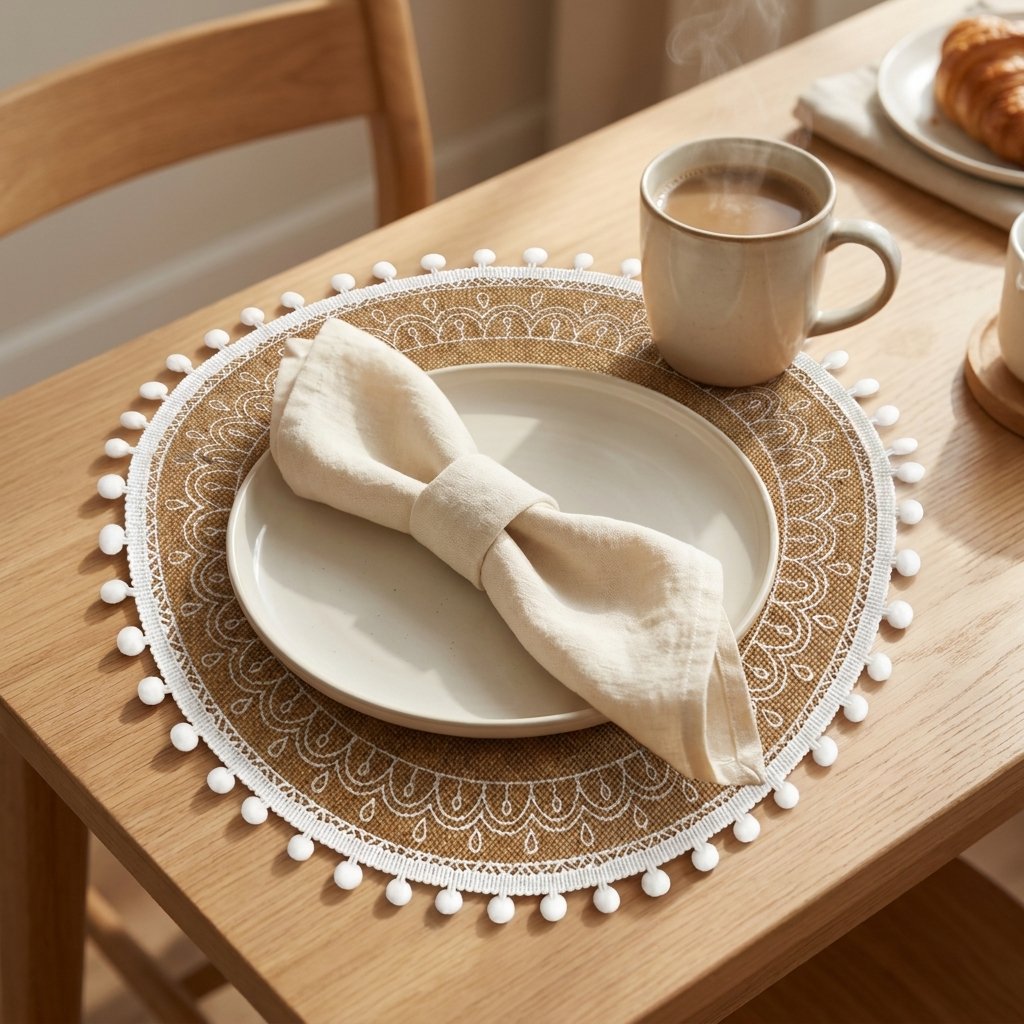 Round white pompom trim jute placemat under a white plate with a linen napkin tied in a bow, a mug of coffee and a croissant on a light wood table