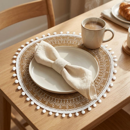 Round white pompom trim jute placemat under a white plate with a linen napkin tied in a bow, a mug of coffee and a croissant on a light wood table