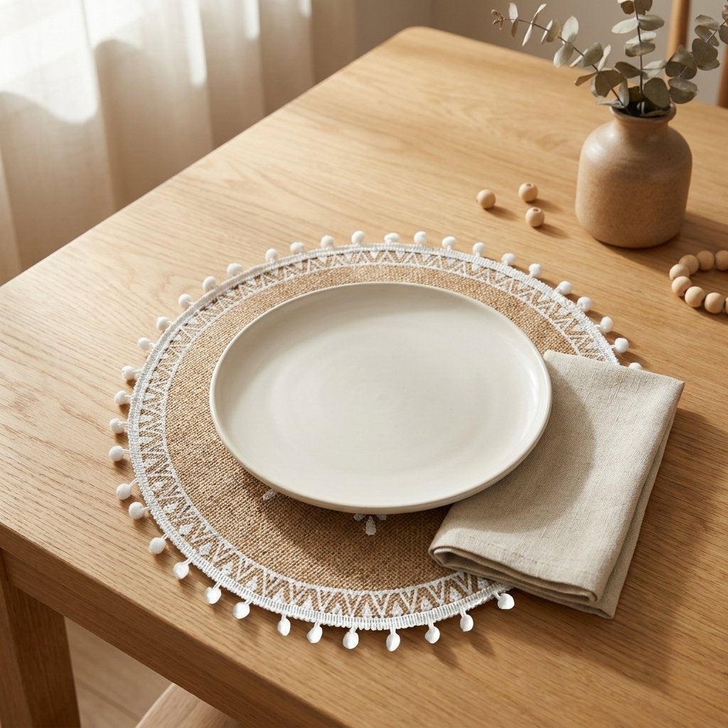 Round white pompom trim jute placemat under a white plate with a linen napkin on a light oak table beside a vase with eucalyptus and wooden beads