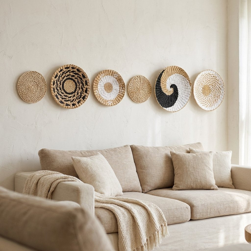 Six round woven wall baskets in tan, black and white patterns hung in a row on a cream plaster wall above a beige sofa with linen cushions and a chunky knit throw