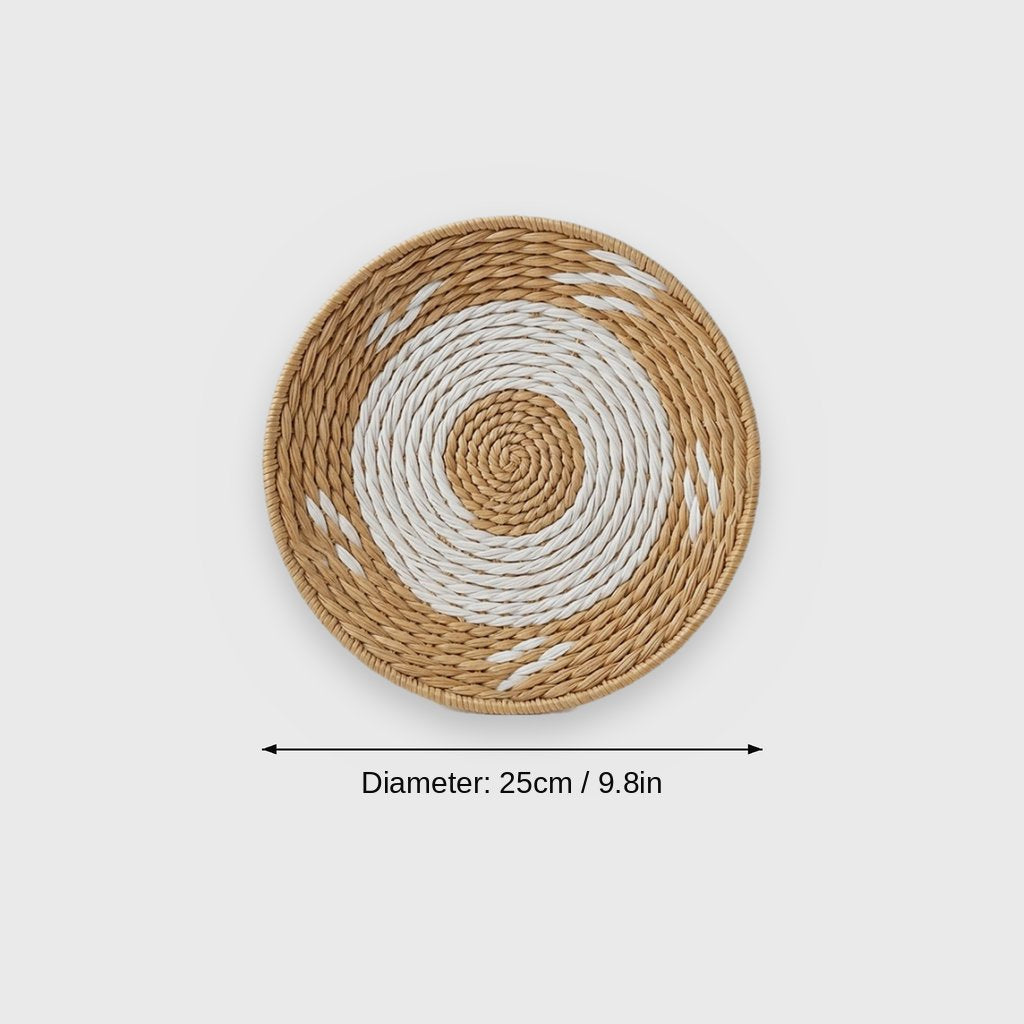 Dimensions graphic of a shallow tan woven basket with a wide white ring and small white dashes, labeled Diameter 25cm / 9.8in