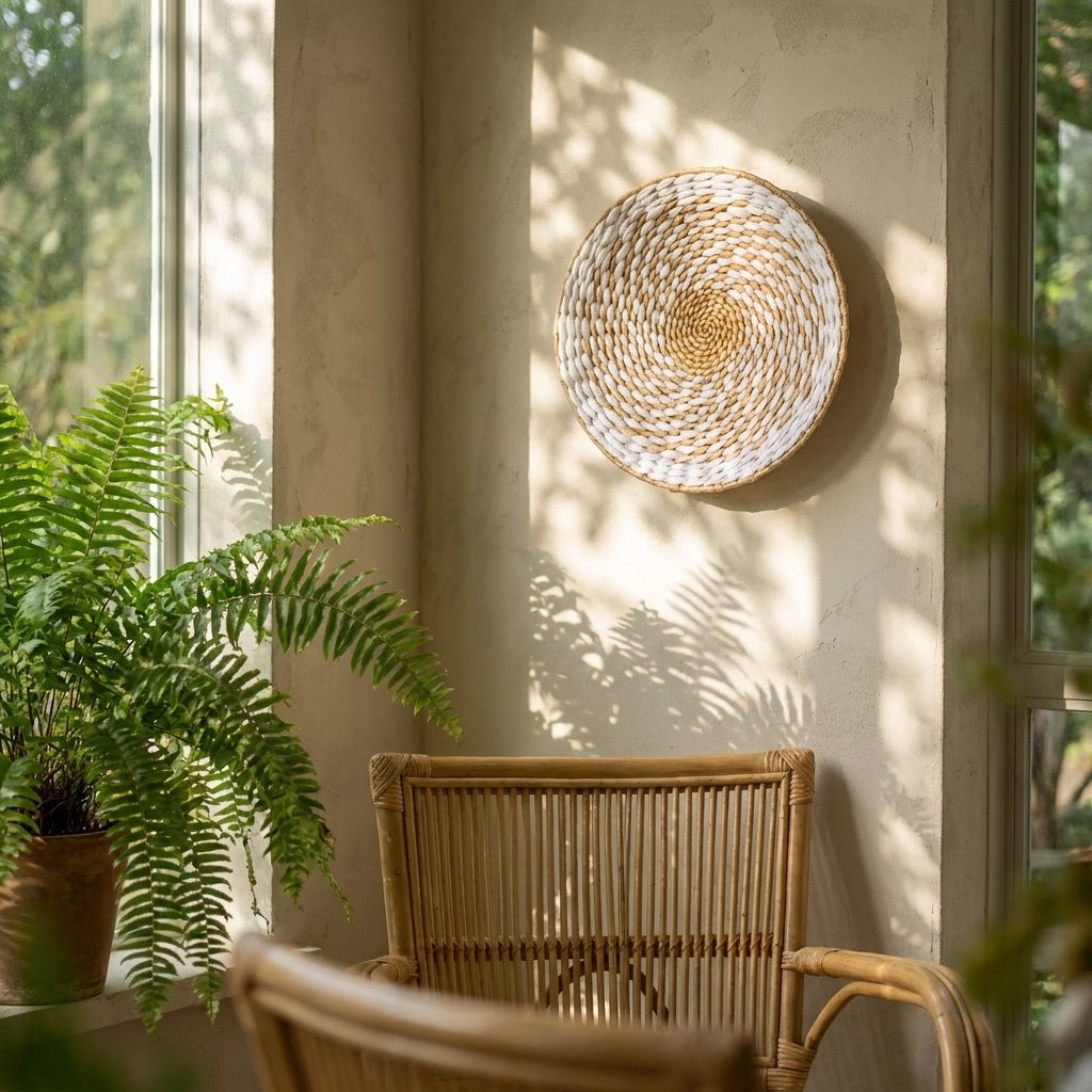 Round white and tan woven wall basket hung high on a sunlit beige wall above a potted fern on a windowsill