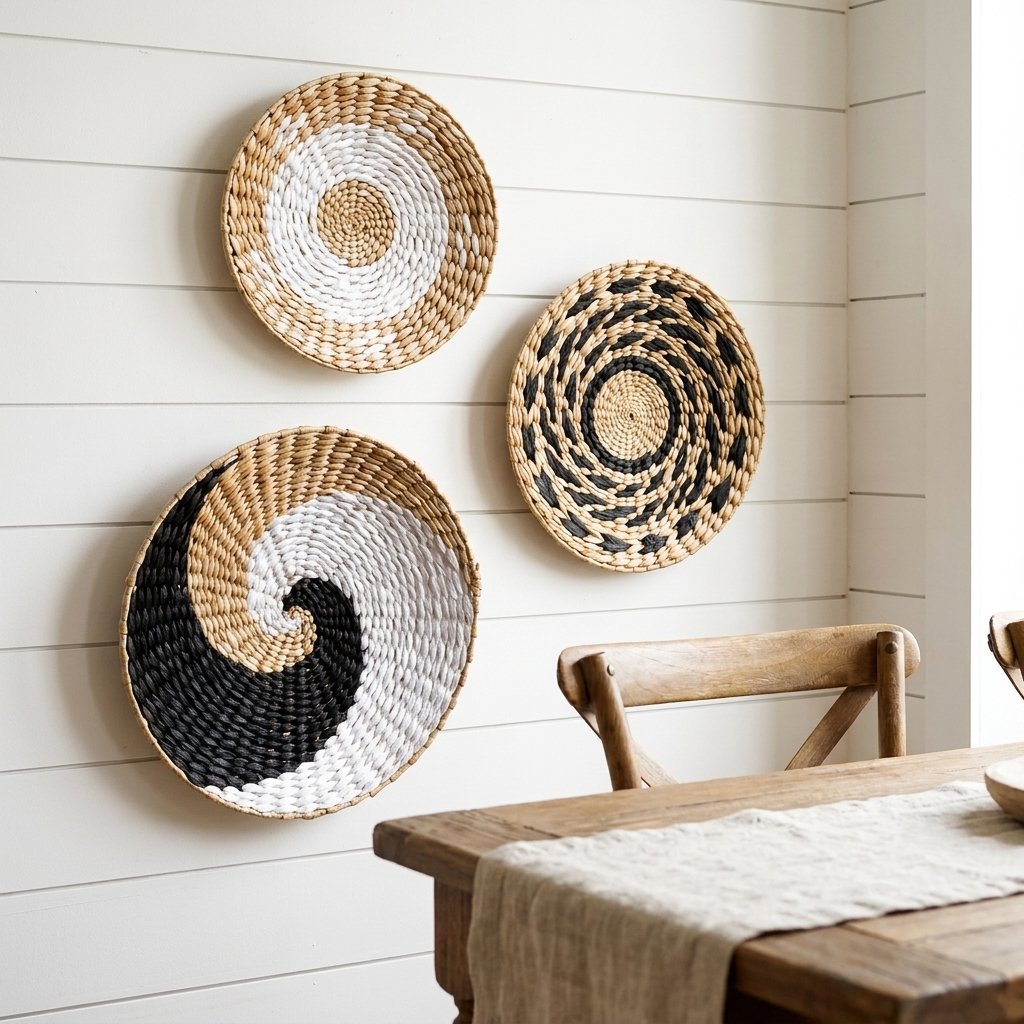 Three round woven wall baskets in tan, white and black patterns on a white shiplap wall above a rustic wood dining table with a linen runner