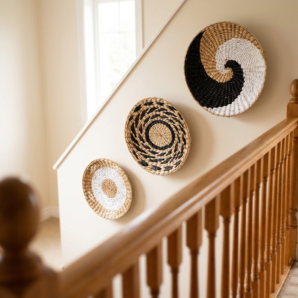Three round woven wall baskets in black, white and tan patterns stepping up a cream wall beside an oak staircase banister