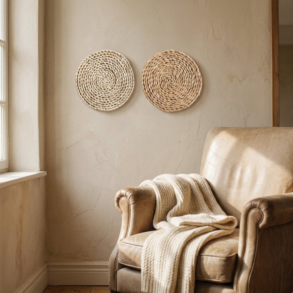 Two flat coiled woven wall discs, one cream and one tan, hung on a beige plaster wall above a tan leather armchair with a chunky knit blanket