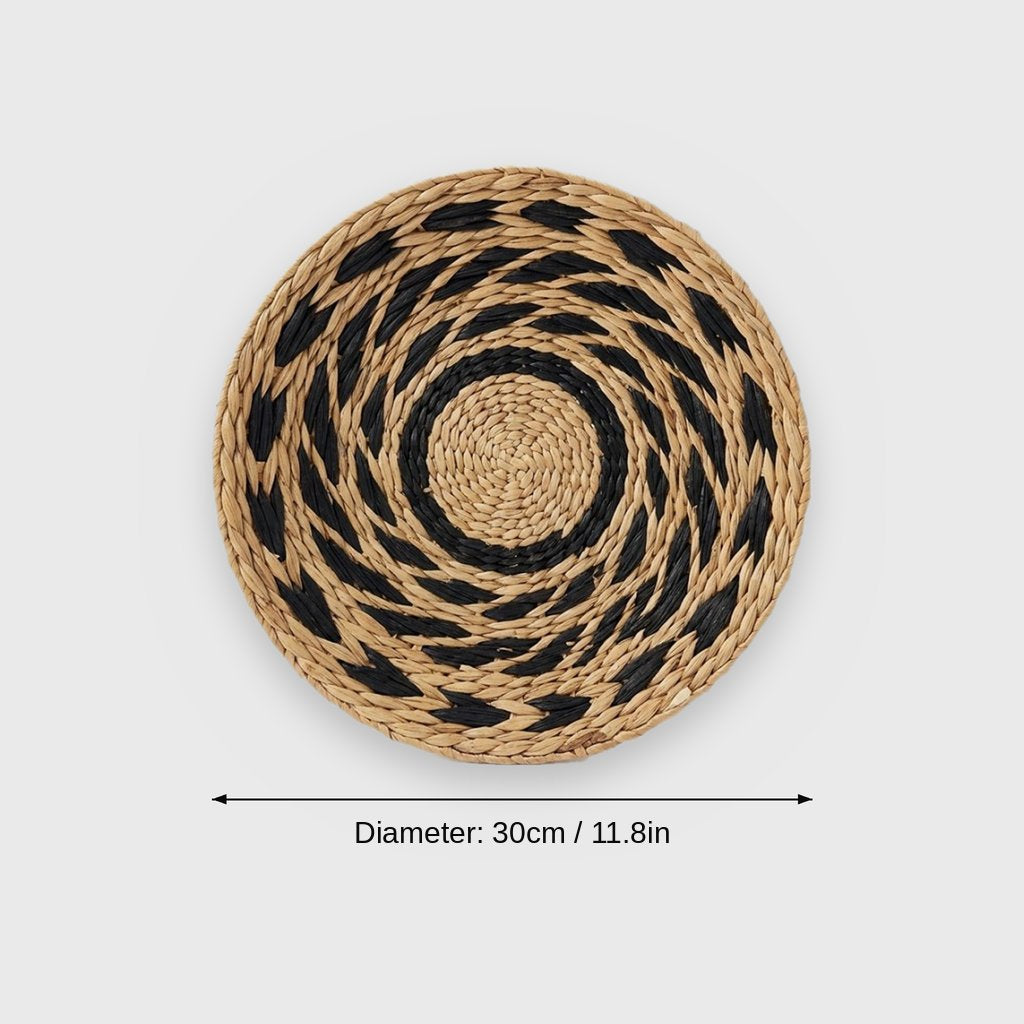 Dimensions graphic of a round tan woven basket with a black ring and black leaf-shaped weave, labeled Diameter 30cm / 11.8in